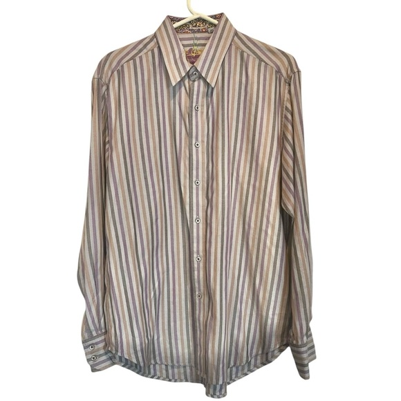 Robert Graham Button Down Flip Cuff Casual‎ Striped Dress Shirt Men's Size Large - Picture 1 of 15